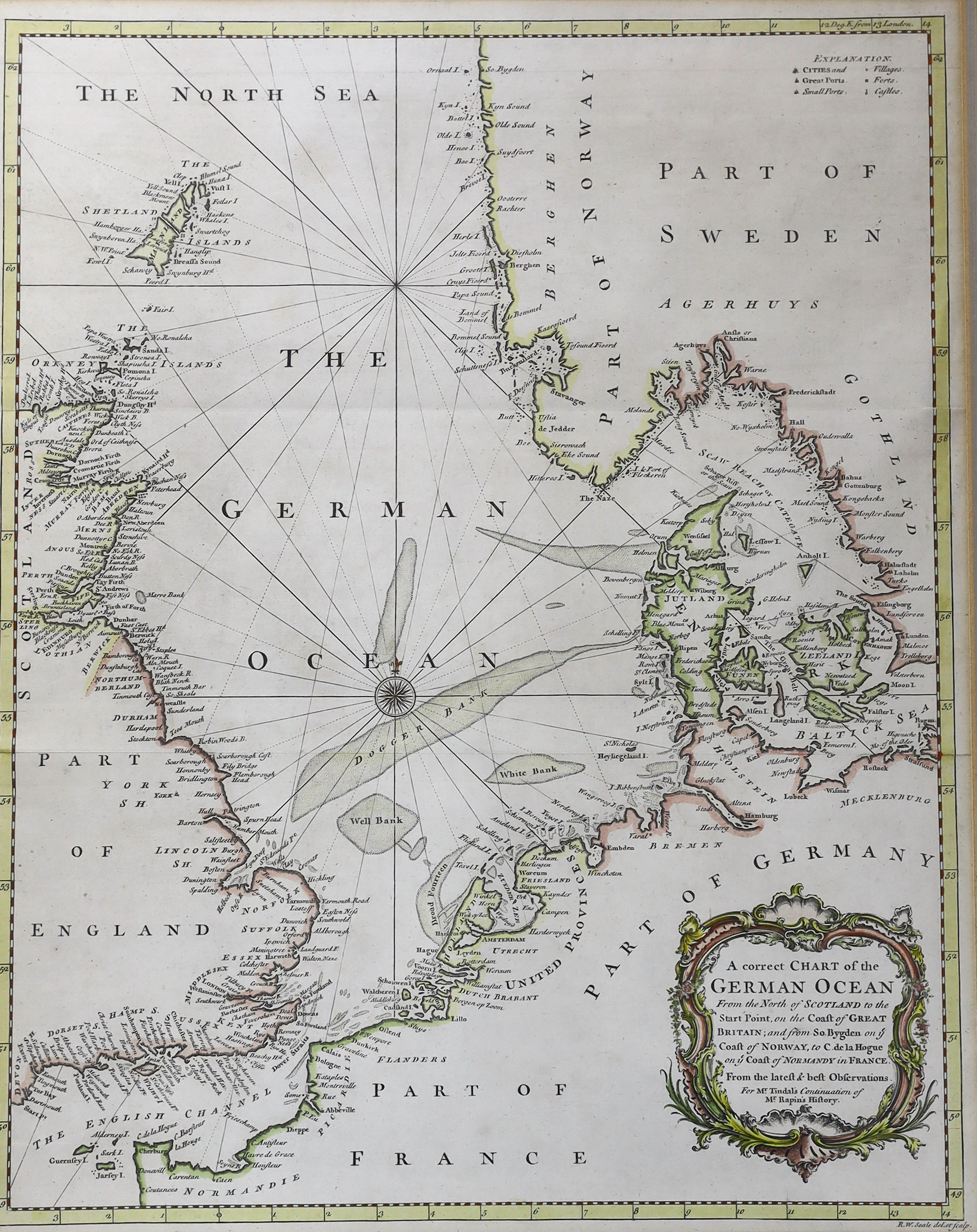 John Speed, coloured engraving, Map of Norfolk, 37 x 50cm, and a Tindal's engraving, Correct Chart of the German Ocean, 49 x 39cm